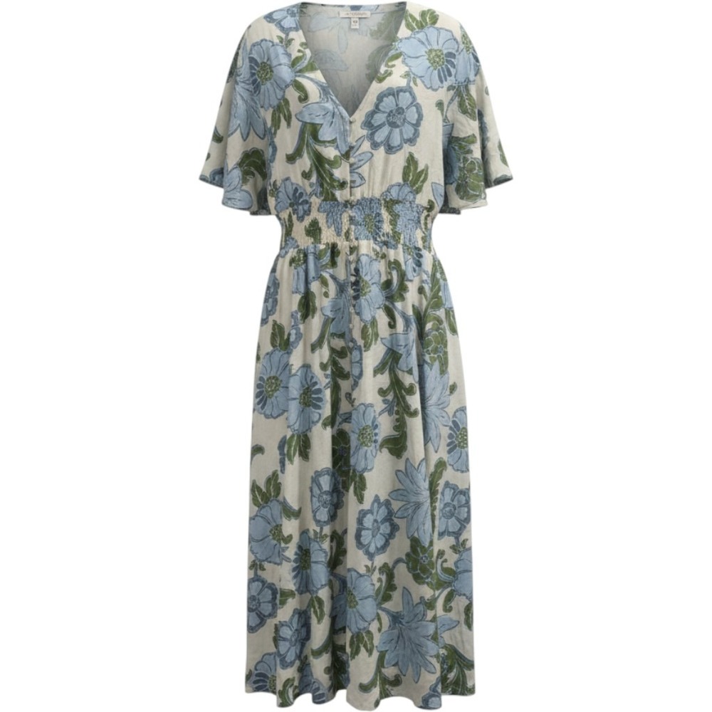 Talisman Floral Maxi Dress Blue Green Linen Blend Smocked Waist V-Neck Large